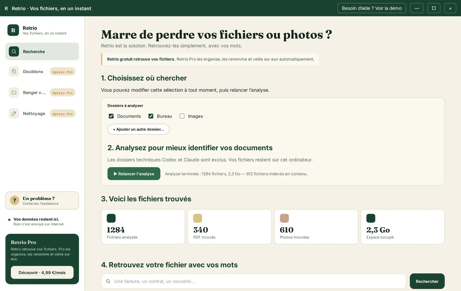 Bilan de l'analyse Retrio : 1284 fichiers analysés, 340 PDF, 610 photos, 2,3 Go