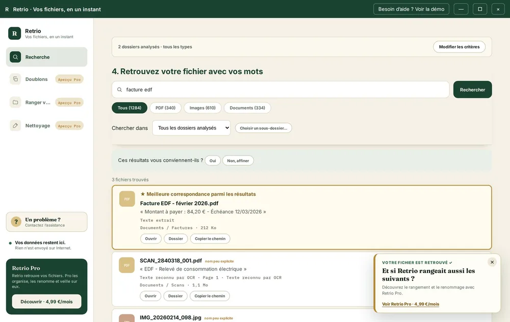 Recherche « facture edf » dans Retrio : le bon fichier trouvé et mis en avant